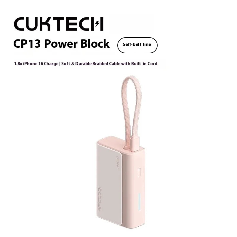 Compact 10000mAh power bank with integrated cable
