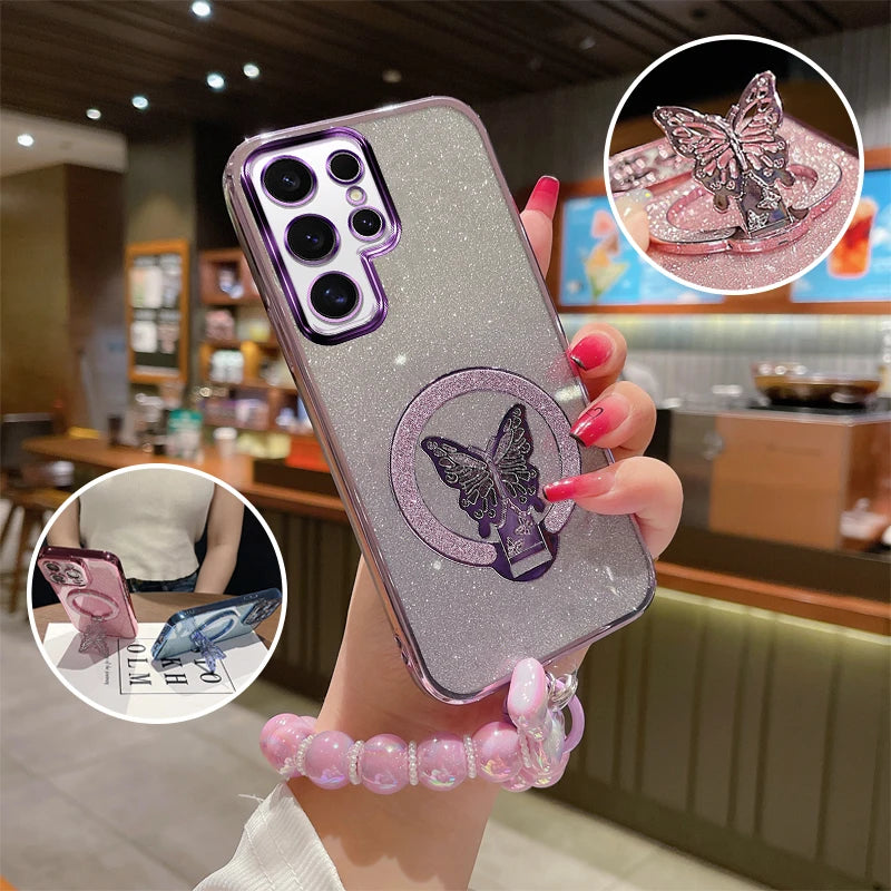 Schmetterling Glitzer Hülle mit Griff für Galaxy S25