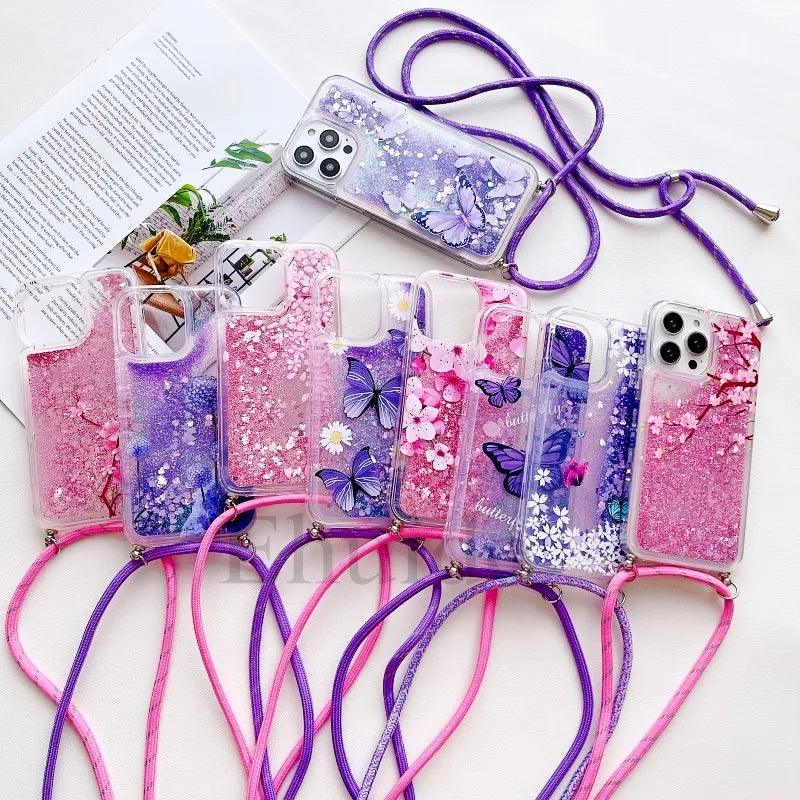 Glitzer Lanyard Hülle für iPhone 17 mit Schmetterling