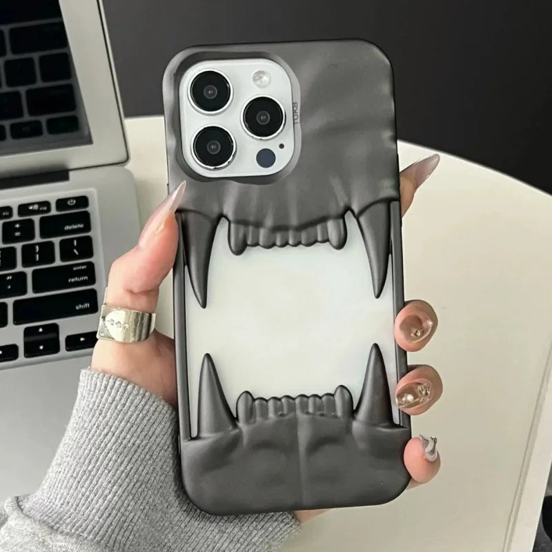 3D Dog Tooth Silicone Case for iPhone, Shockproof, White