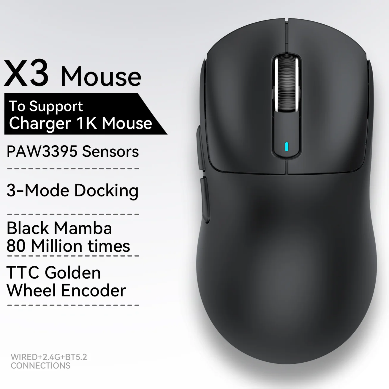 Tri-Mode Gaming Mouse 26K DPI with PAW3395 Sensor