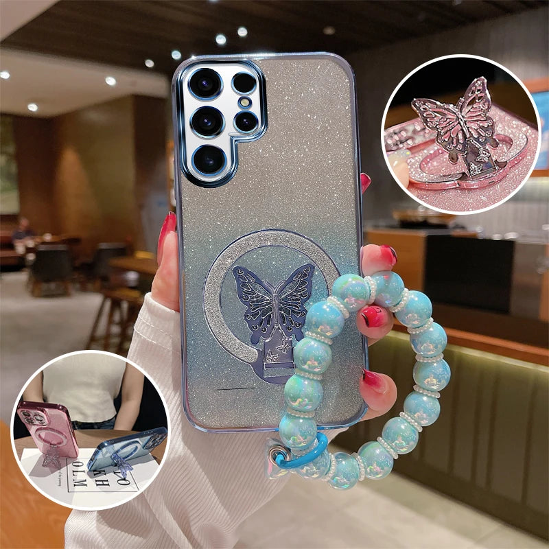 Schmetterling Glitzer Hülle mit Griff für Galaxy S25
