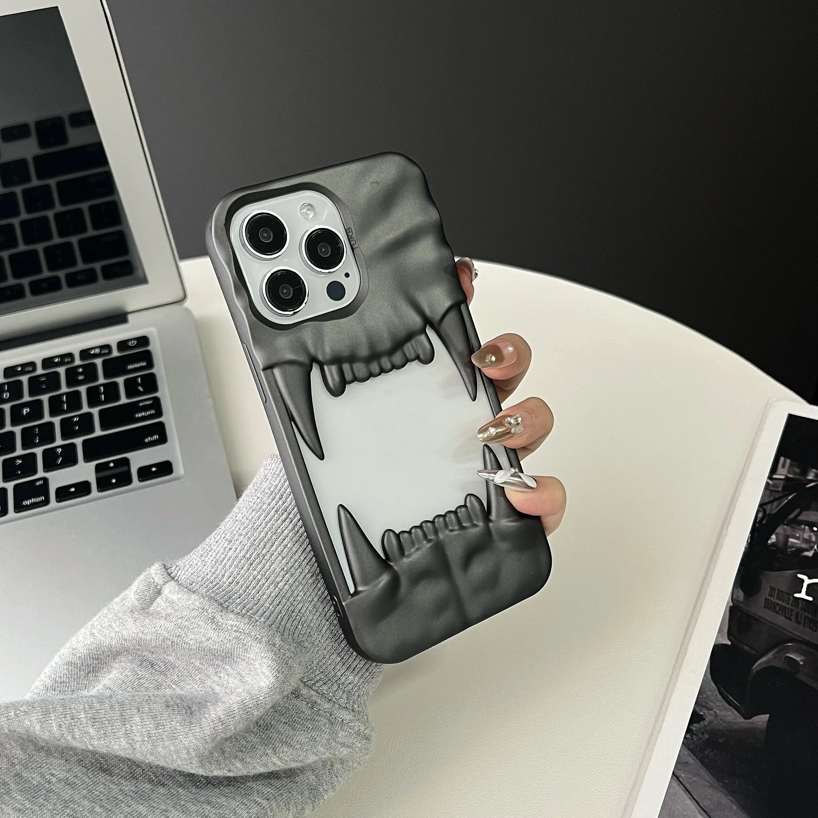 3D Dog Tooth Silicone Case for iPhone, Shockproof, White