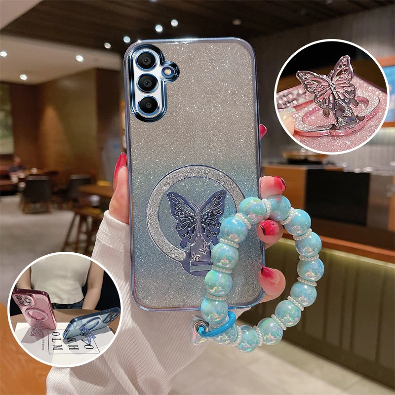 Glitzer Butterfly Hülle for Galaxy S25 mit Halter