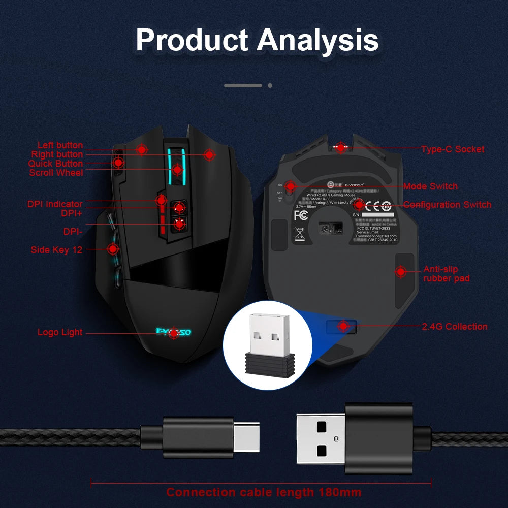 RGB Gaming-Maus 16000 DPI, 16 Tasten, USB & Wireless