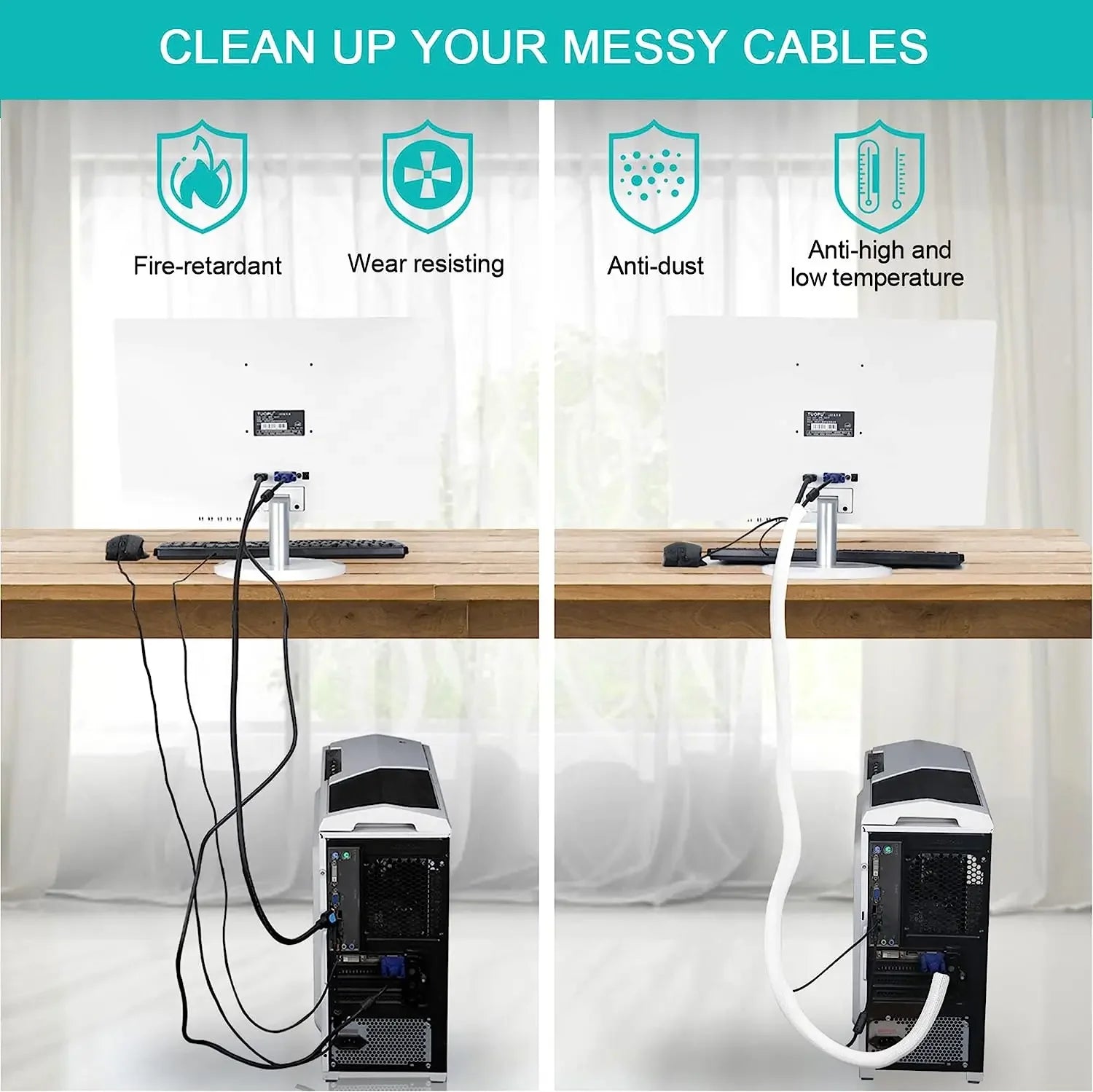 Weiße Kabelhülle für Schreibtisch PC TV Kabelmanagement