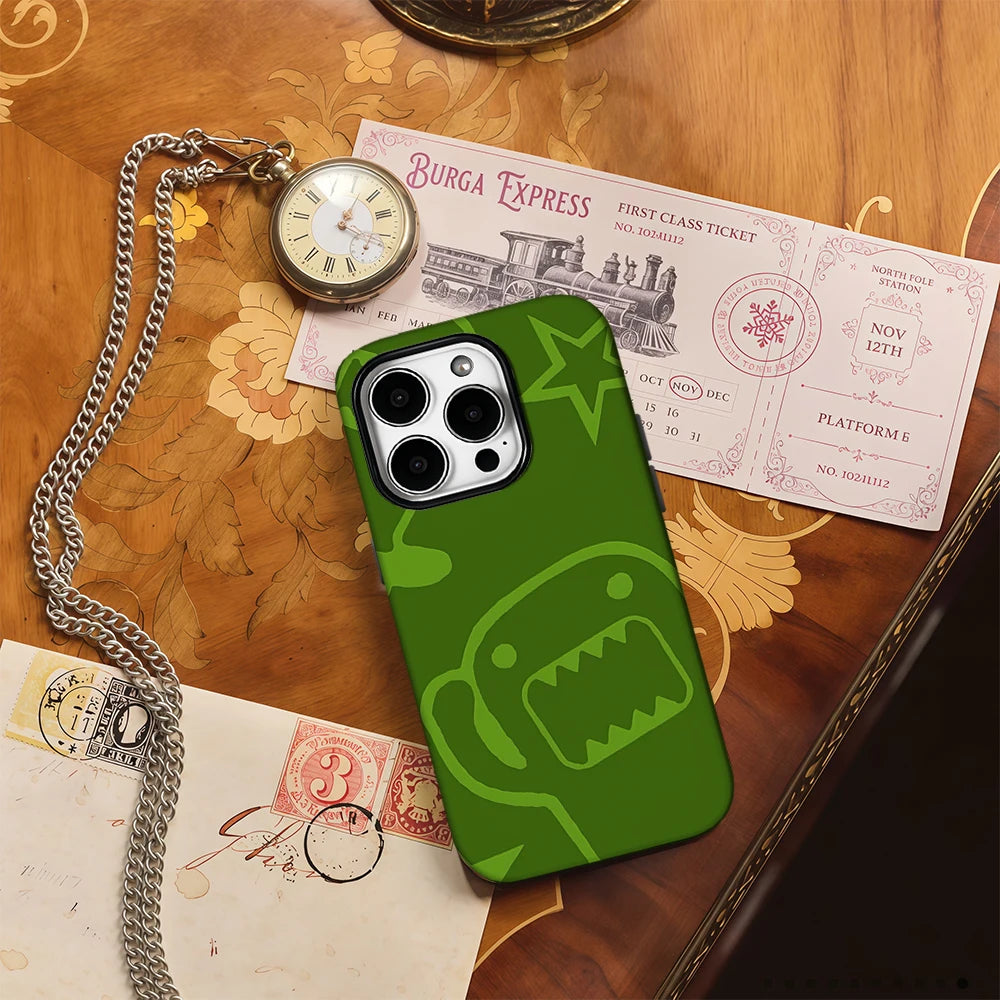 Domo iPhone case, green, with double back