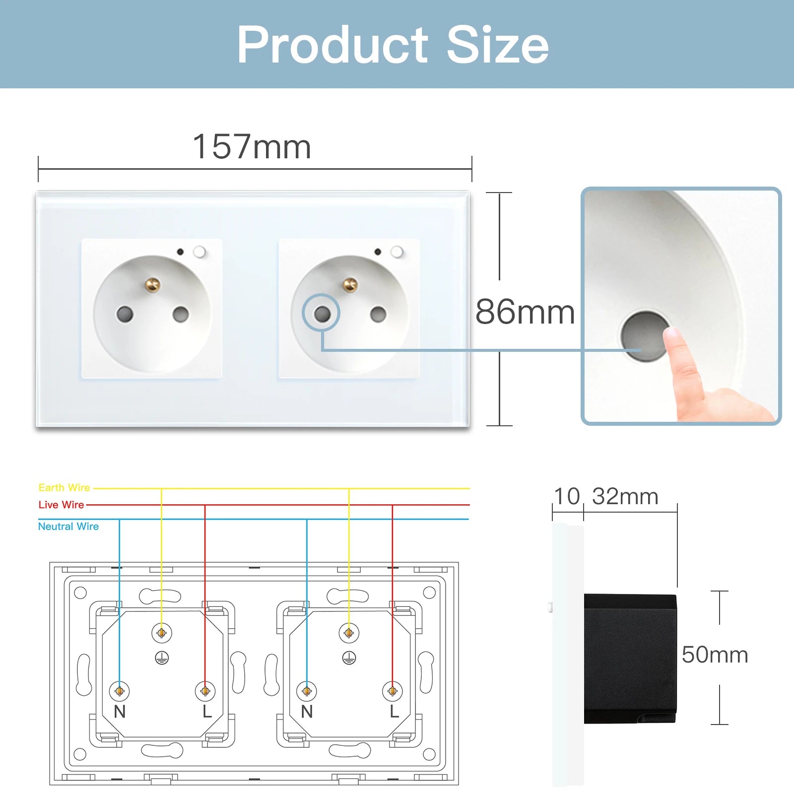Doppelte Wandsteckdose Glas Panel Smart 16A