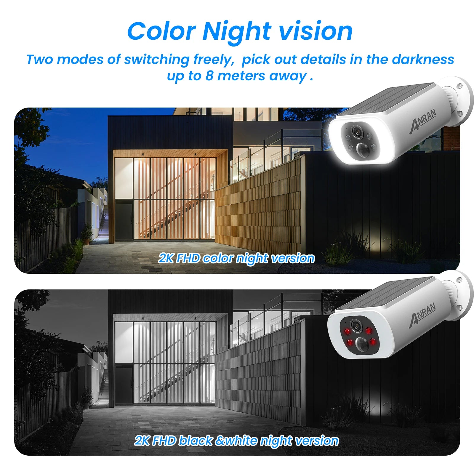 Solar-powered outdoor camera, 3MP, Wi-Fi, battery-powered, color night vision