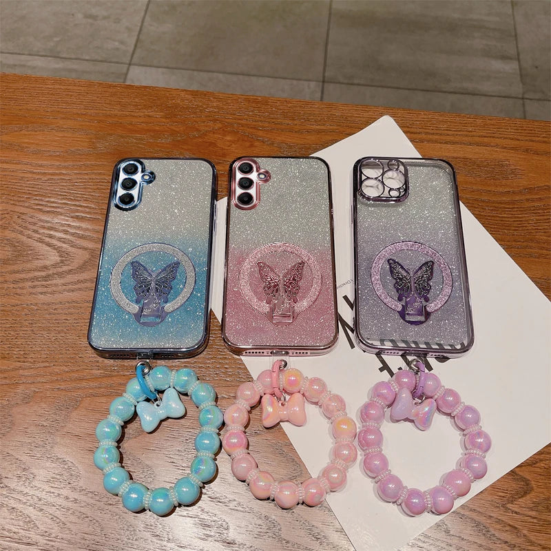 Glitzer Butterfly Hülle for Galaxy S25 mit Halter