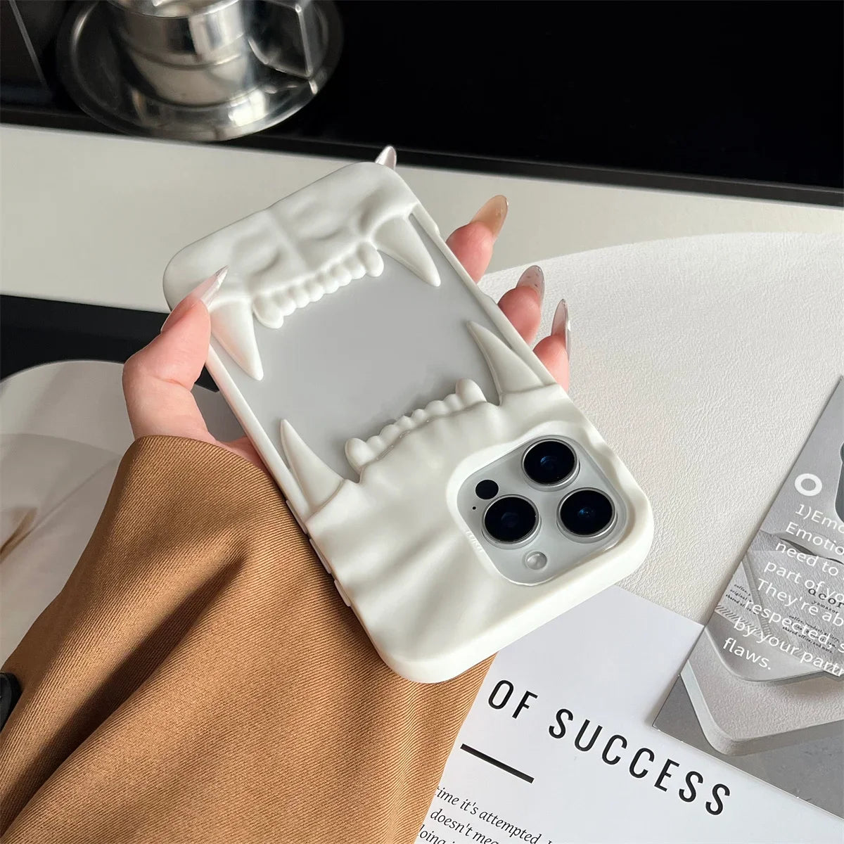 3D Dog Tooth Silicone Case for iPhone, Shockproof, White