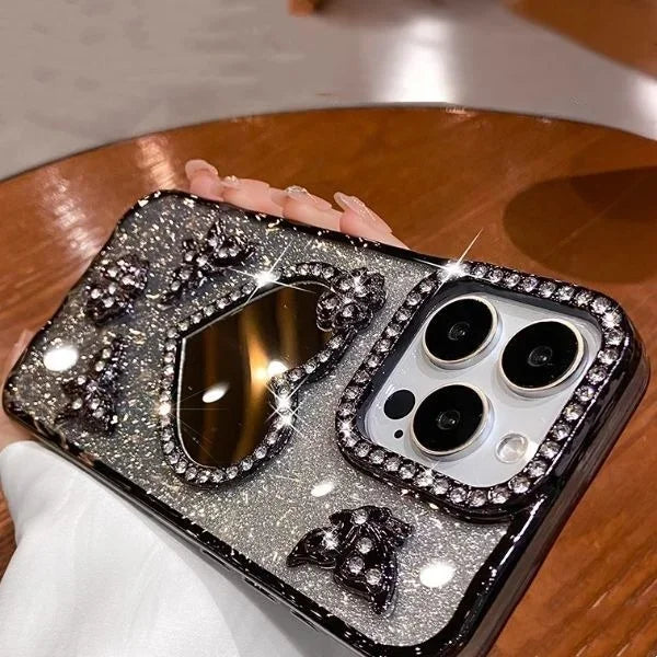 Herz Make-up Spiegelhülle mit Glitzer für iPhone 17
