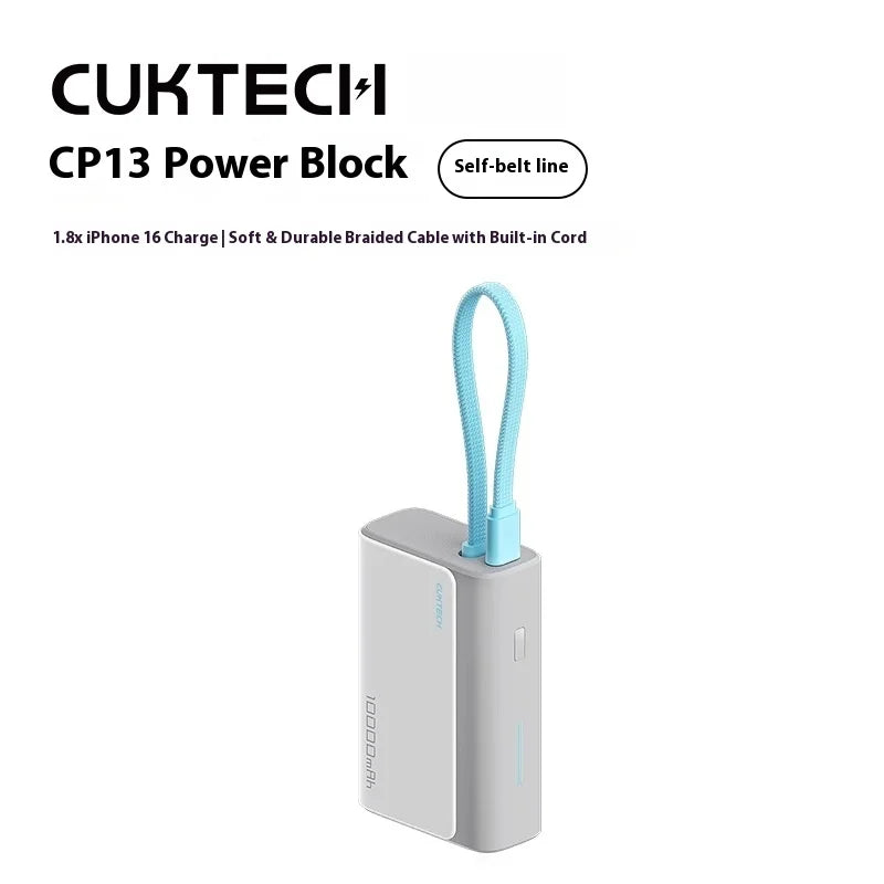 Compact 10000mAh power bank with integrated cable