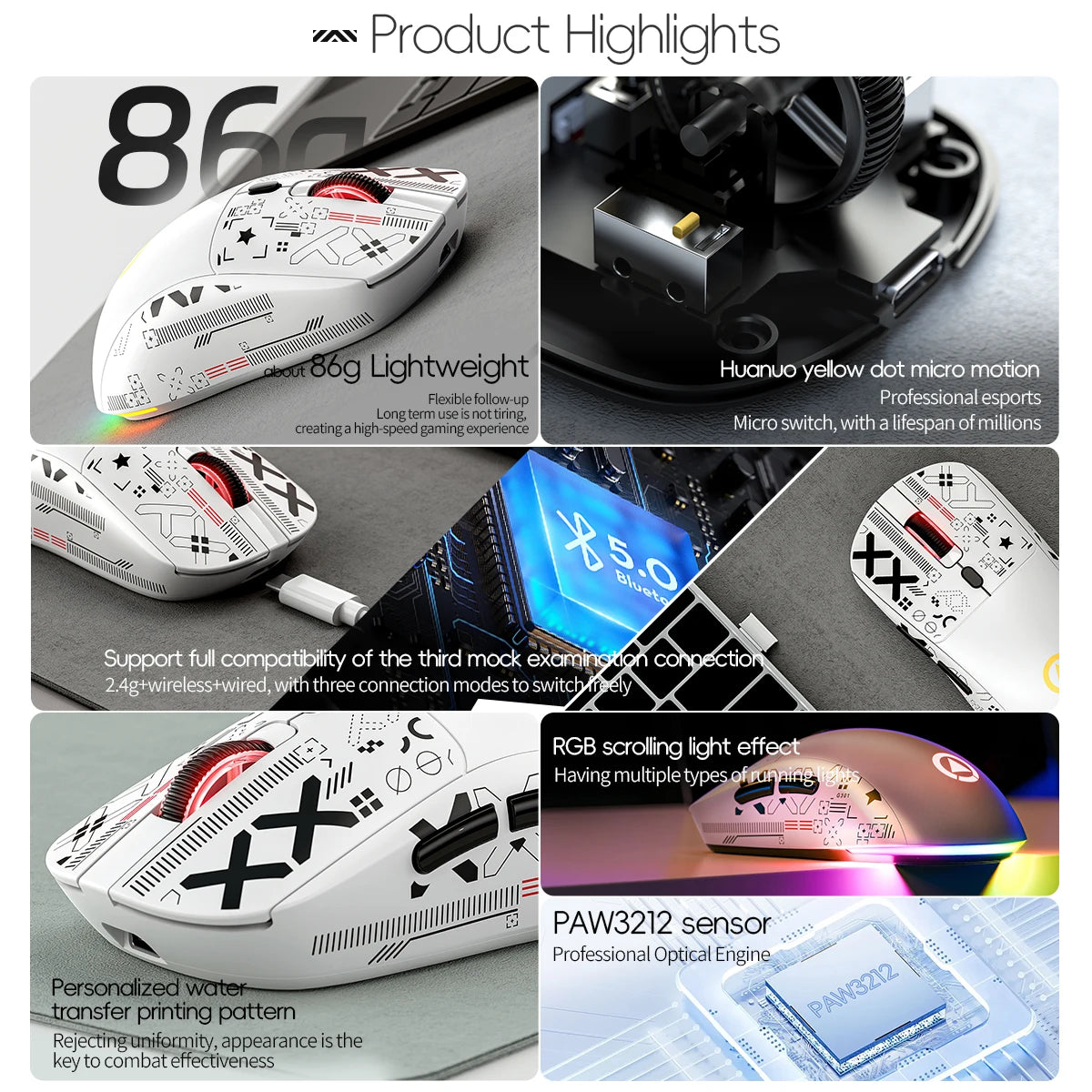 Leichte kabellose Gaming-Maus 3-Modus 2,4G BT