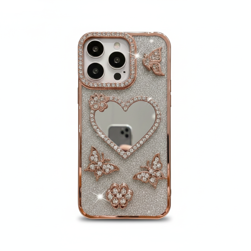 Herz Make-up Spiegelhülle mit Glitzer für iPhone 17