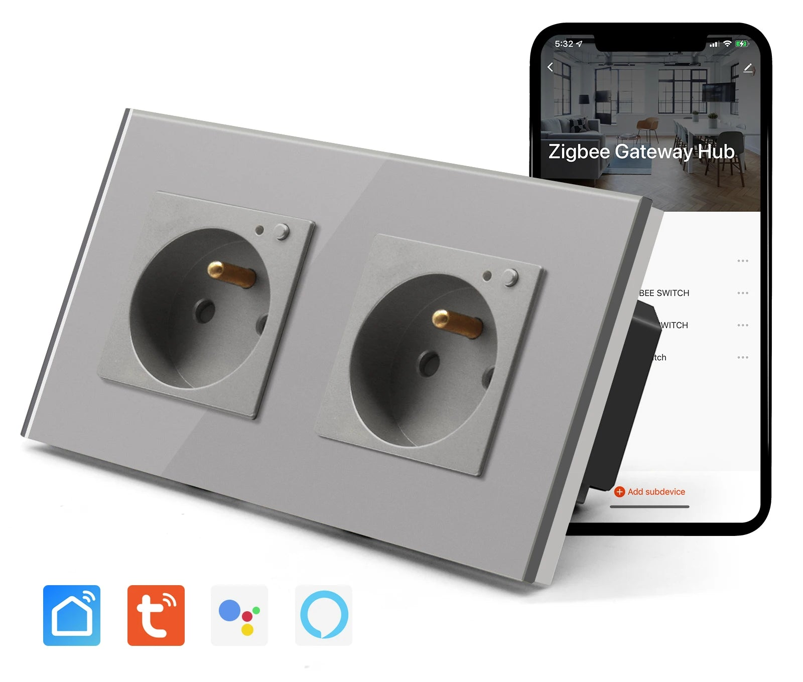 Doppelte Wandsteckdose Glas Panel Smart 16A