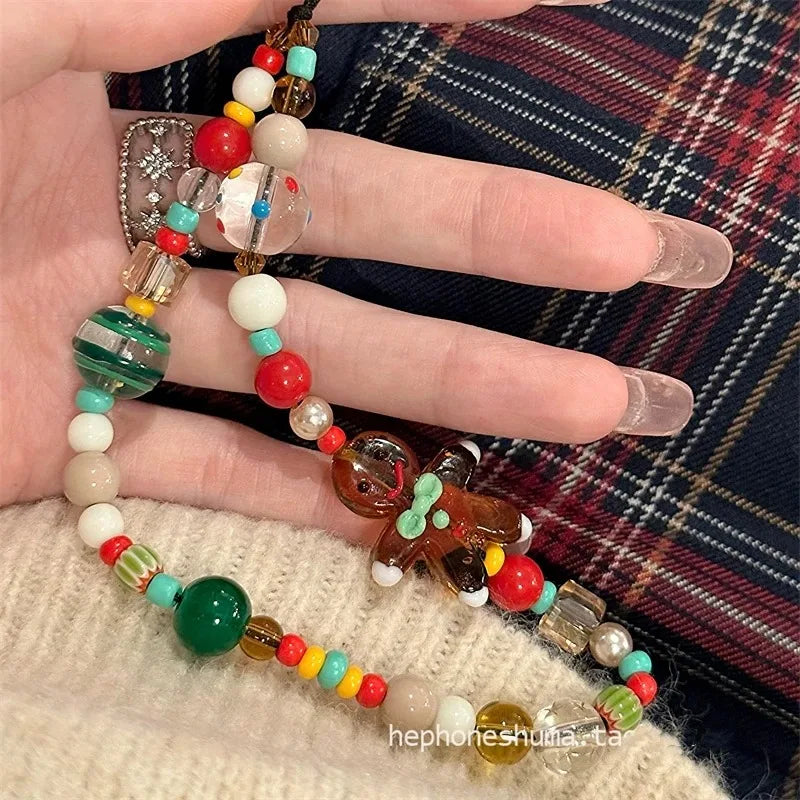 Gingerbread Man Christmas Phone Necklace with Heart Beads