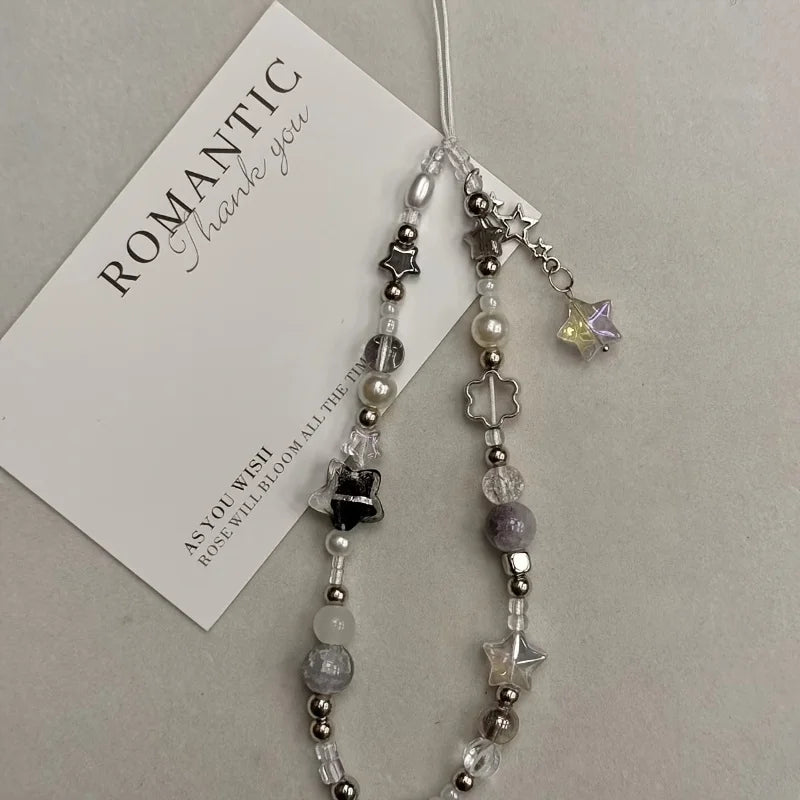 Silber Stern Perlen Handyanhänger Lanyard Charme