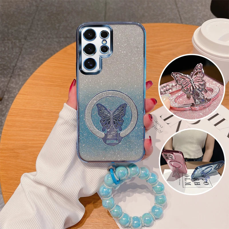 Schmetterling Glitzer Hülle mit Griff für Galaxy S25