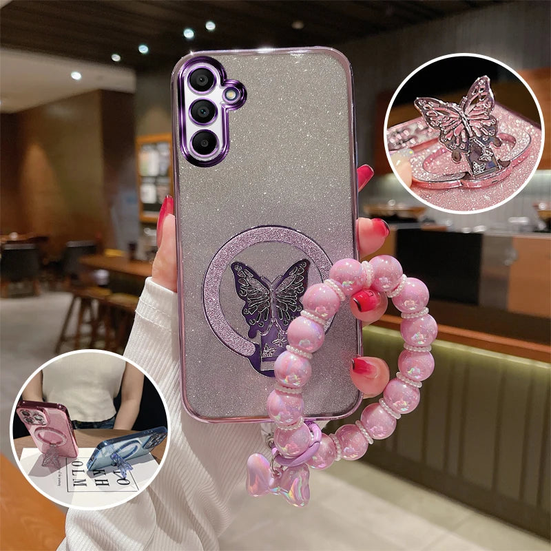 Glitzer Butterfly Hülle for Galaxy S25 mit Halter