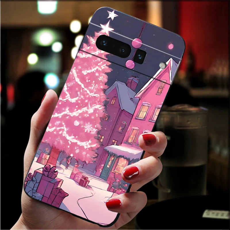 Aesthetic Christmas silicone case for Google Pixel 8, 9 and 10. Flexible, shockproof, protective soft TPU case.