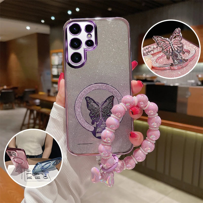 Schmetterling Glitzer Hülle mit Griff für Galaxy S25