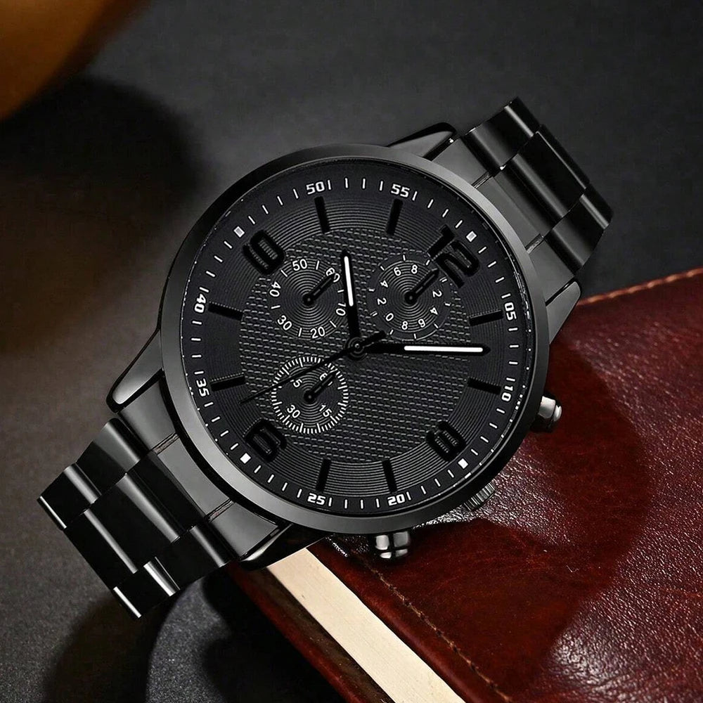 4 teiliges Herren Geschenkbox-Uhrenset – Quarzuhr, Armband, Halskette & Ring, Trendiges Business