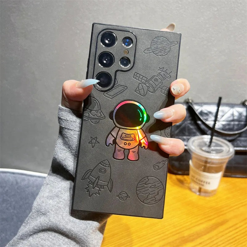 Leder Hülle für Samsung S23 S24 S25 Cartoon Astronaut