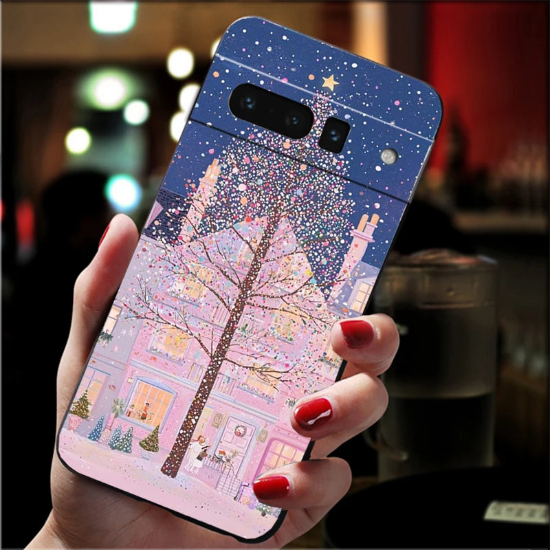 Aesthetic Christmas silicone case for Google Pixel 8, 9 and 10. Flexible, shockproof, protective soft TPU case.