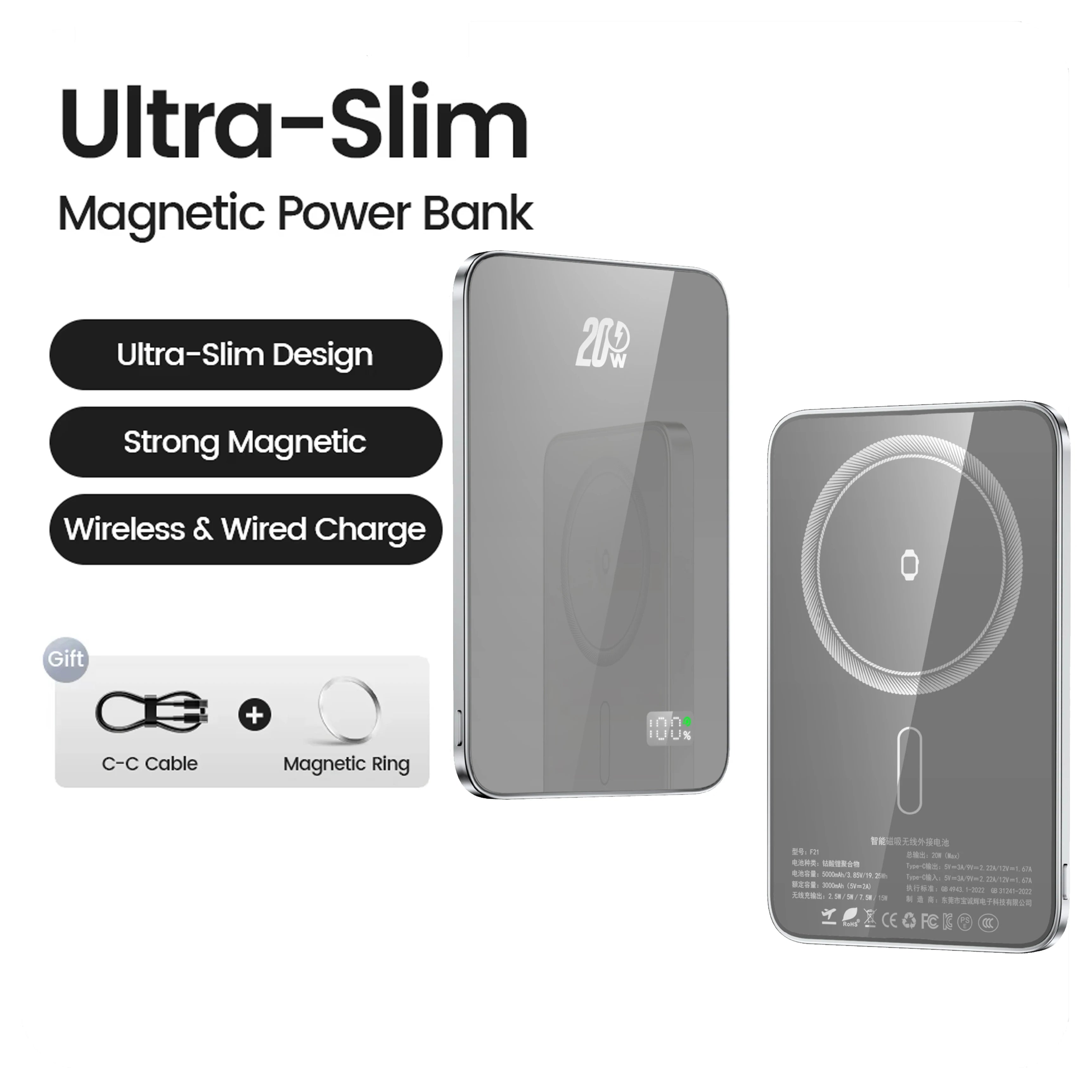 Ultraflache Magnet-Powerbank 5000/10000 mAh
