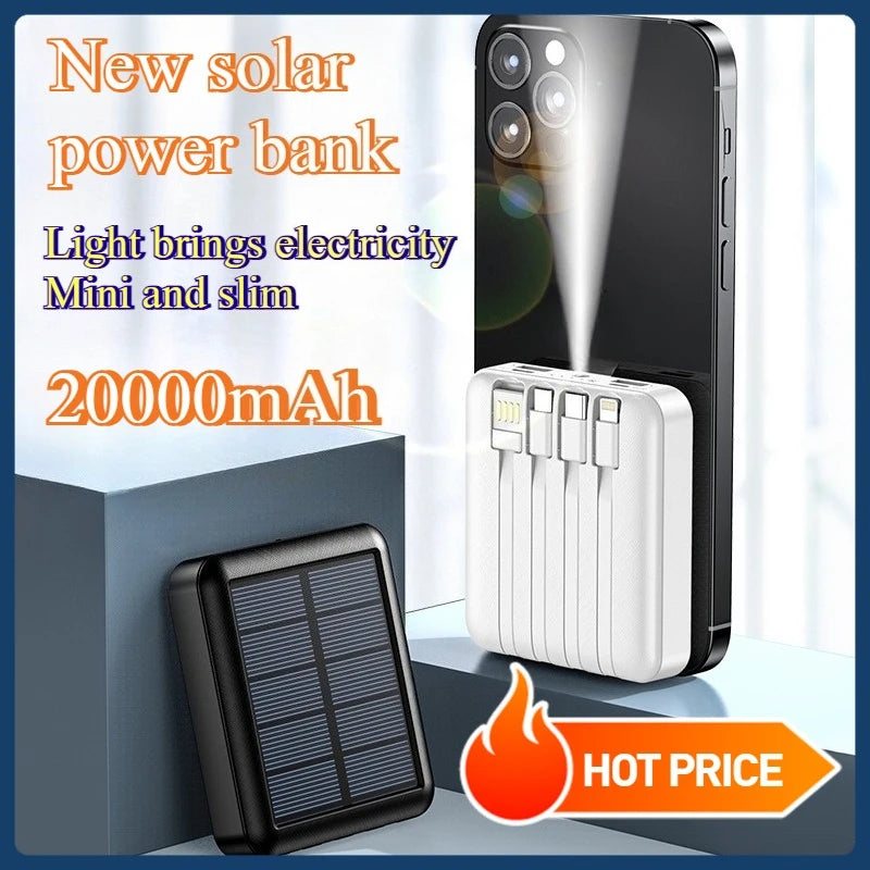 20000mAh small solar power bank with integrated cable