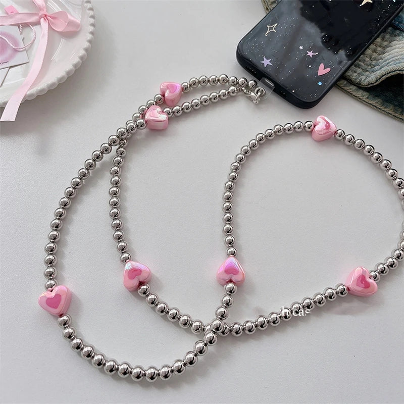 Y2K Herz Handykette Farbverlauf mit Metallarmband