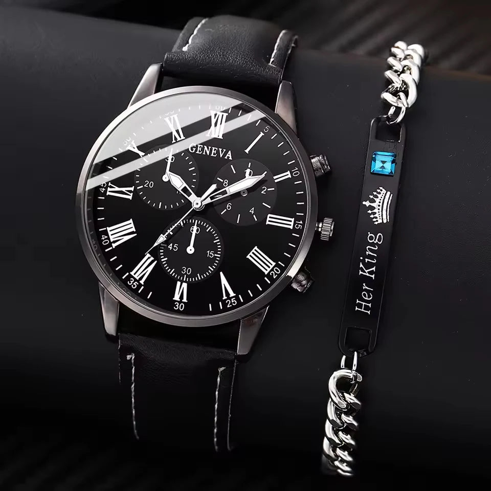 2-teiliges Herren Quarzuhr Set – Modische Armbanduhr mit digitaler Skala & passendem Schmuckset