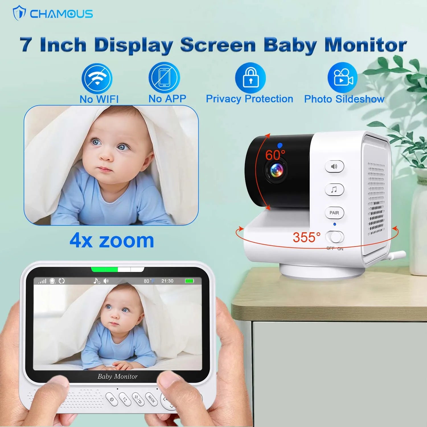7 Zoll Video Babyphone mit Schwenk-Neige-Zoom